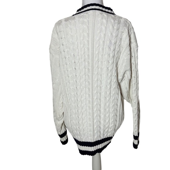 Talbots Womens White Cable Knit Cotton Cricket Cardigan Navy Stripe M Nautical - Picture 6 of 13
